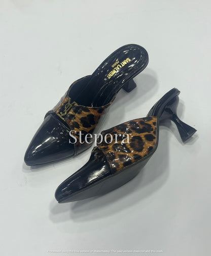 Leopard Print Pointed Toe Mules with Metal Monogram Accent
