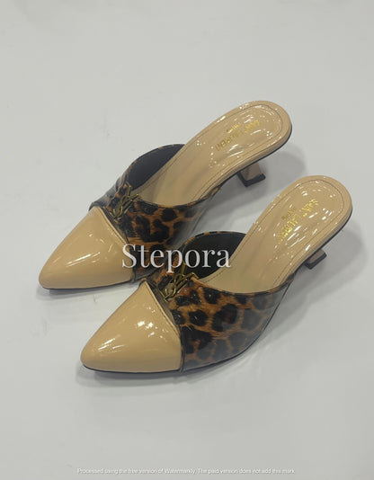 Leopard Print Pointed Toe Mules with Metal Monogram Accent