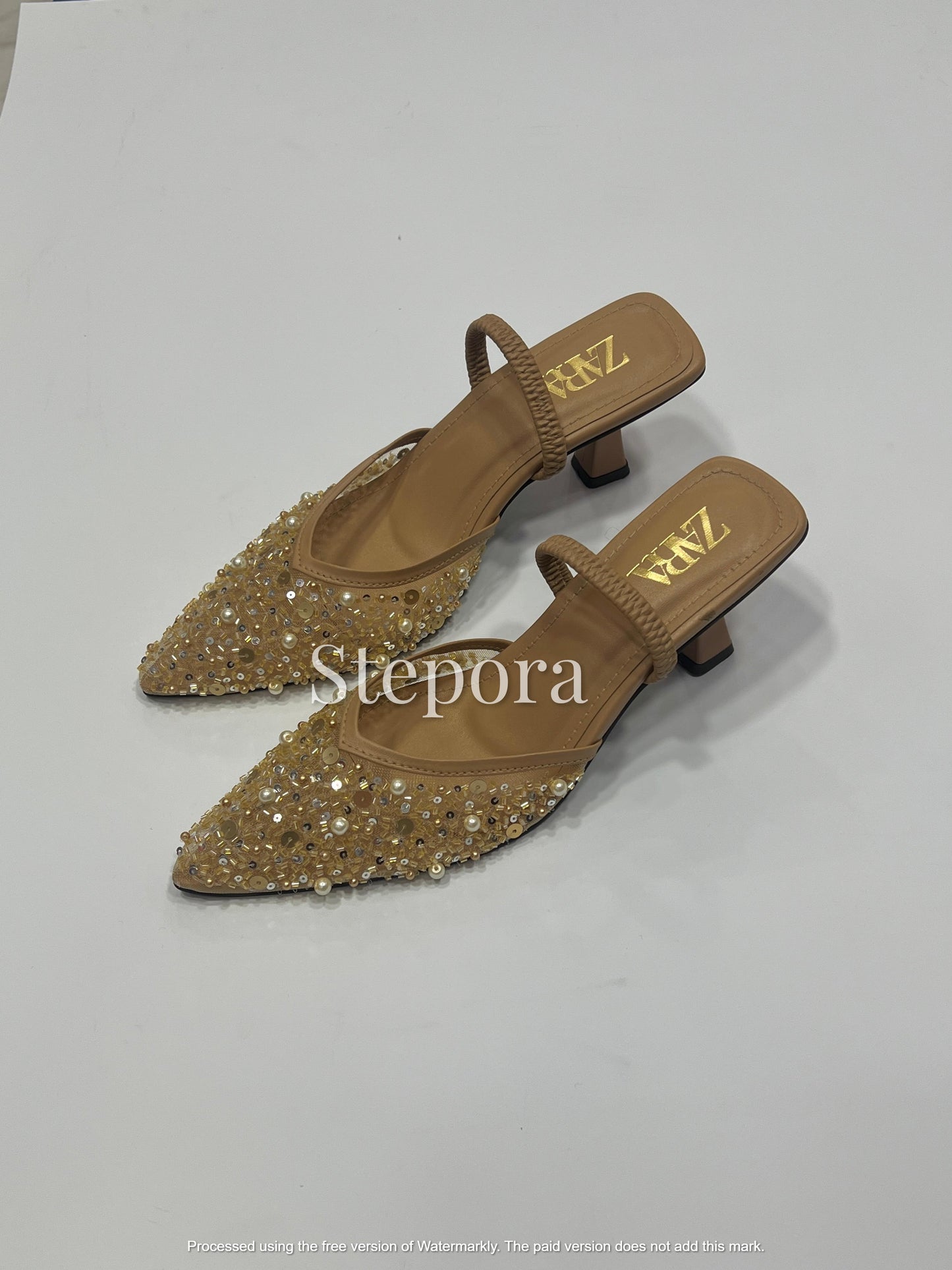 Embellished Pointed-Toe Kitten Heel Mules – Sparkling Sequin & Pearl Bridal Party Heels (Black & Beige)