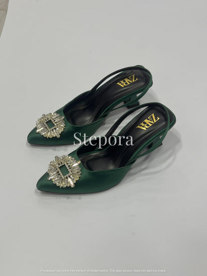 Pointed-Toe Embellished Mesh Kitten Heel Mules – Sparkling Pearl and Sequin Bridal Party Shoes