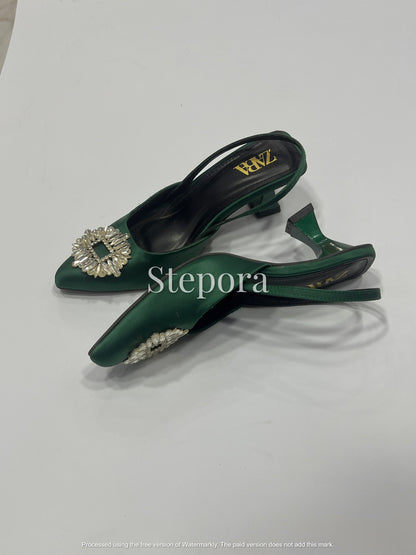 Pointed-Toe Embellished Mesh Kitten Heel Mules – Sparkling Pearl and Sequin Bridal Party Shoes