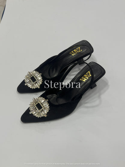 Pointed-Toe Embellished Mesh Kitten Heel Mules – Sparkling Pearl and Sequin Bridal Party Shoes