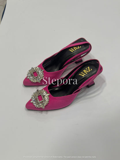 Pointed-Toe Embellished Mesh Kitten Heel Mules – Sparkling Pearl and Sequin Bridal Party Shoes