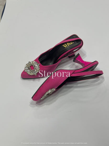 Pointed-Toe Embellished Mesh Kitten Heel Mules – Sparkling Pearl and Sequin Bridal Party Shoes