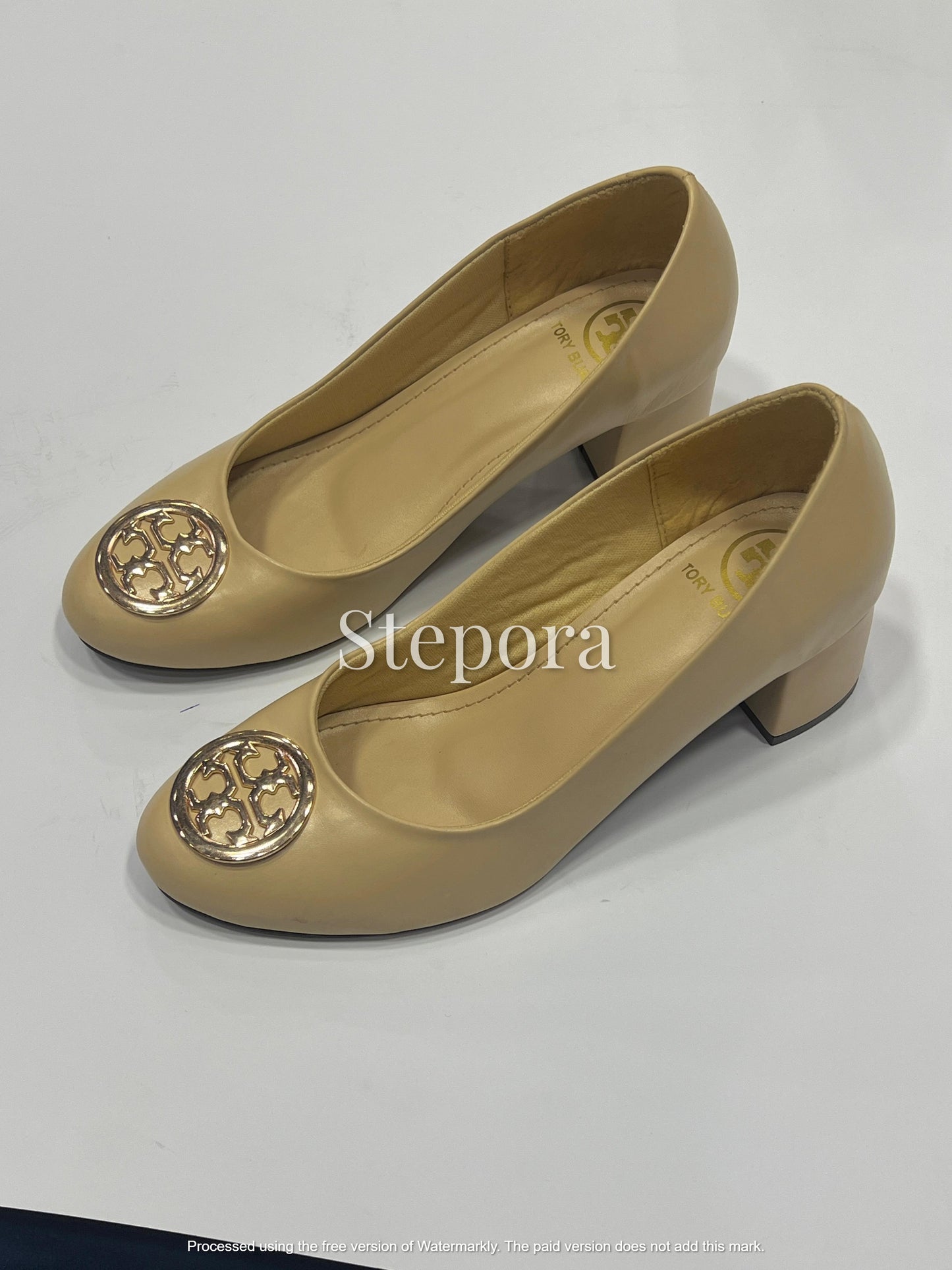 Gold Medallion Round-Toe Block Heel Pumps – Elegant Professional Office Shoes in Tan, Black, and Beige