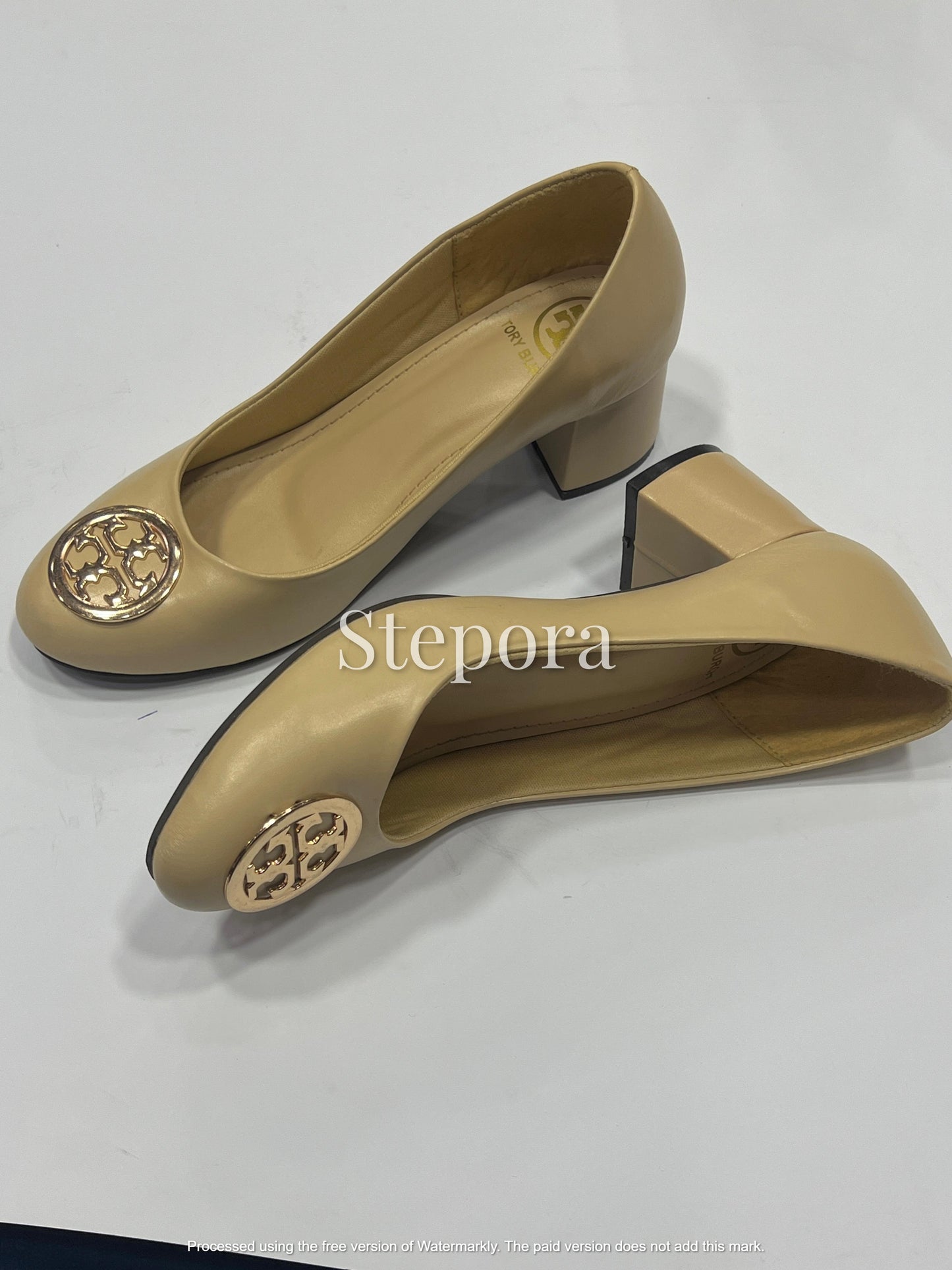 Gold Medallion Round-Toe Block Heel Pumps – Elegant Professional Office Shoes in Tan, Black, and Beige