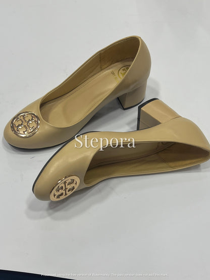 Gold Medallion Round-Toe Block Heel Pumps – Elegant Professional Office Shoes in Tan, Black, and Beige