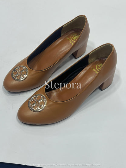 Gold Medallion Round-Toe Block Heel Pumps – Elegant Professional Office Shoes in Tan, Black, and Beige