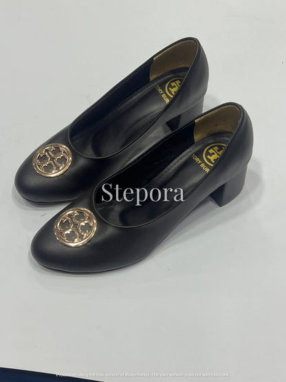 Gold Medallion Round-Toe Block Heel Pumps – Elegant Professional Office Shoes in Tan, Black, and Beige