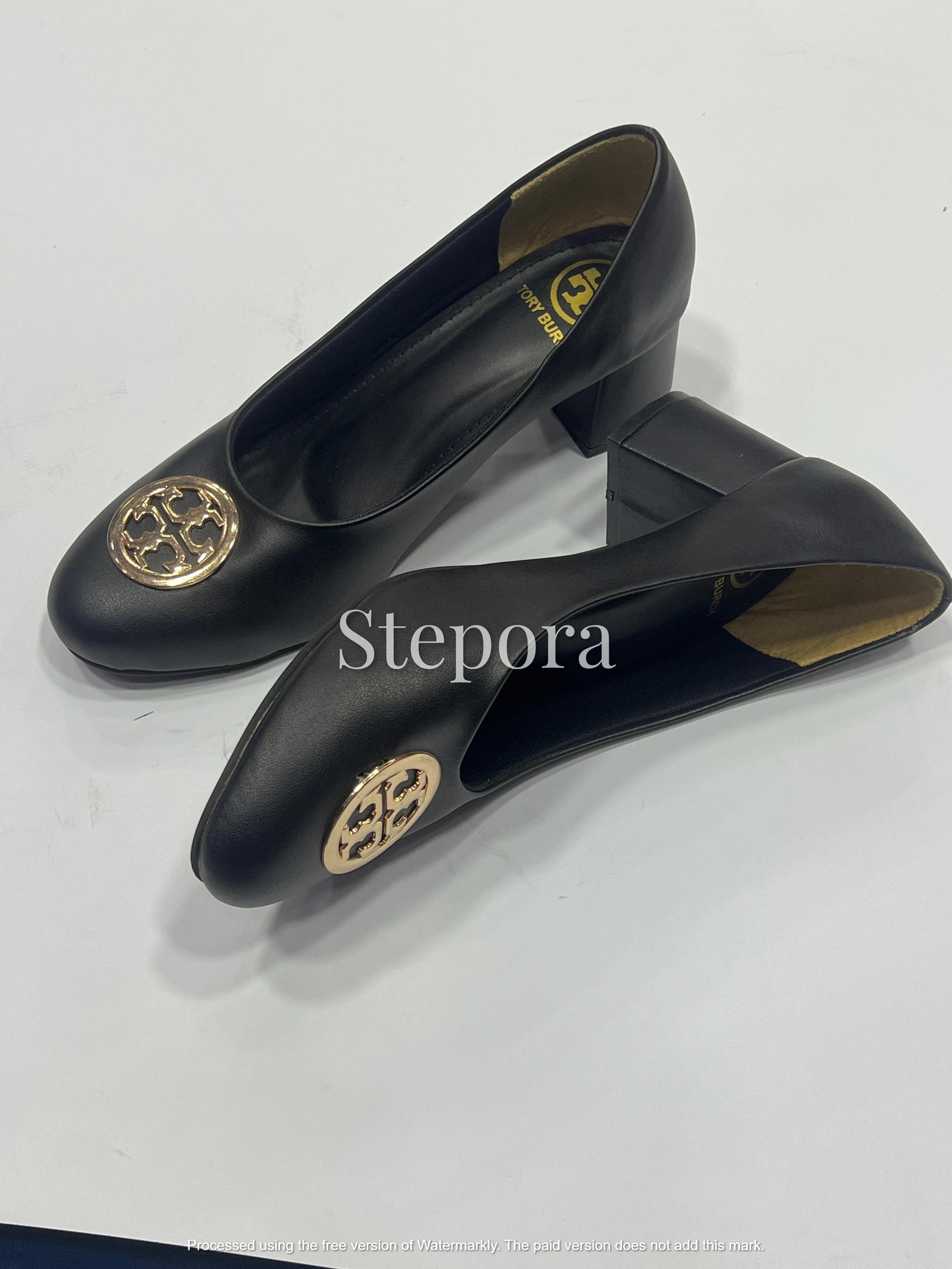 Gold Medallion Round-Toe Block Heel Pumps – Elegant Professional Office Shoes in Tan, Black, and Beige