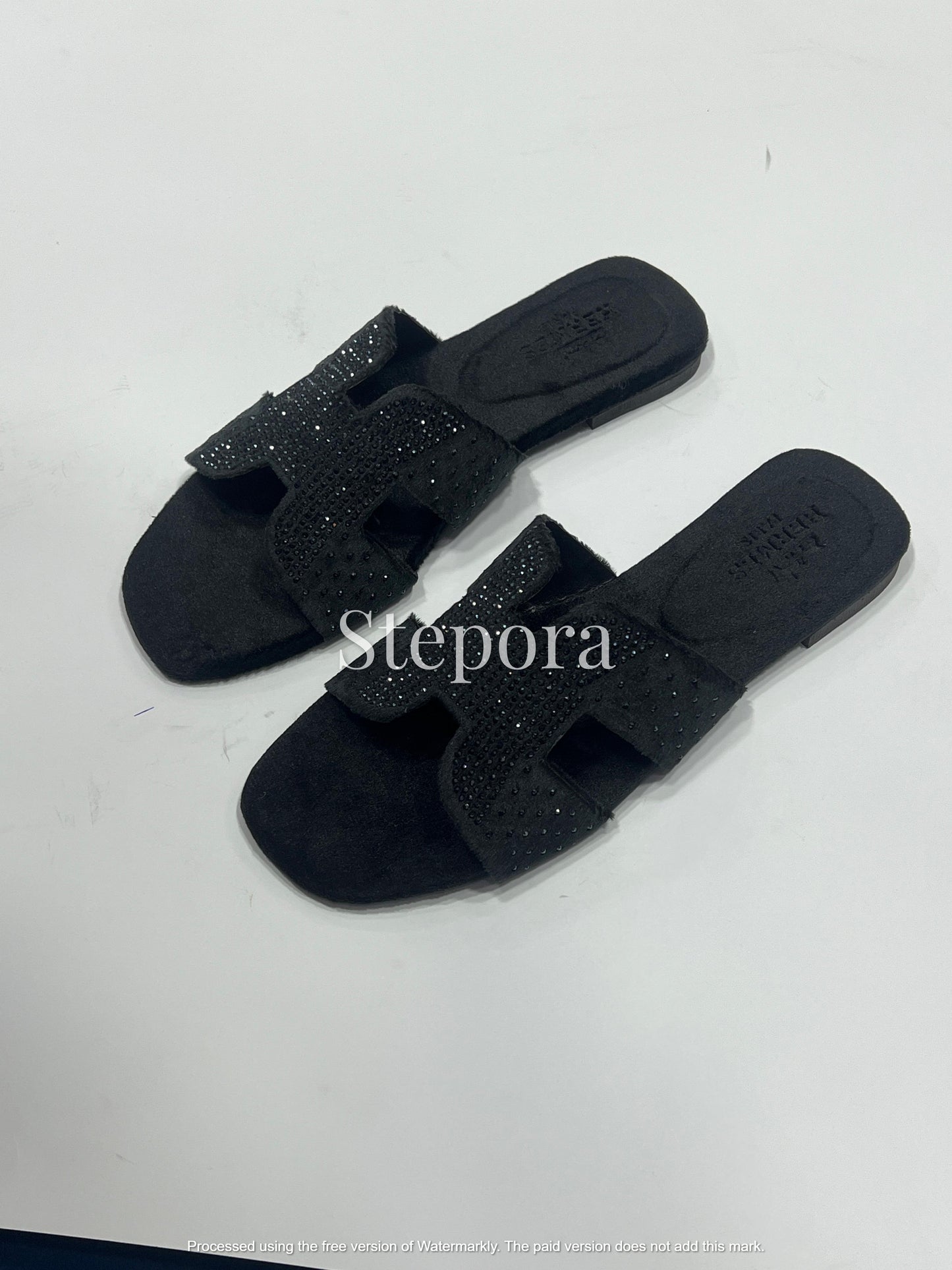 Crystal Embellished Velvet H-Strap Slides – Sparkling Rhinestone Flat Sandals