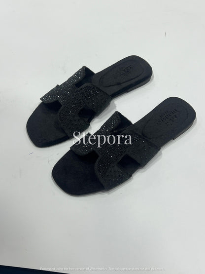 Crystal Embellished Velvet H-Strap Slides – Sparkling Rhinestone Flat Sandals