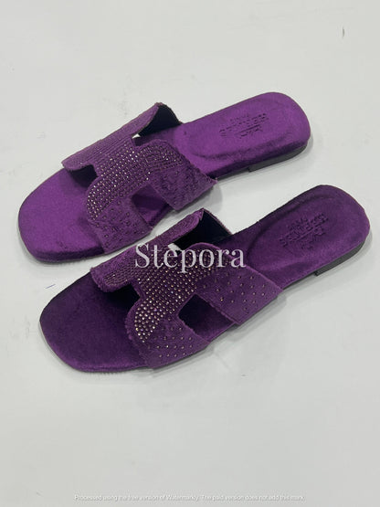 Crystal Embellished Velvet H-Strap Slides – Sparkling Rhinestone Flat Sandals