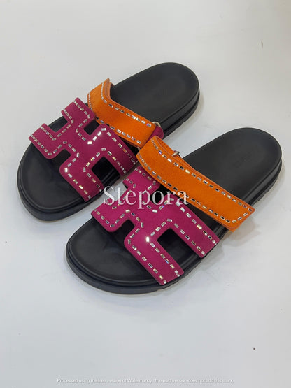 Women’s Embellished Double Strap Flat Sandals with Contrast Design