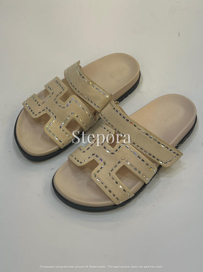 Women’s Embellished Double Strap Flat Sandals with Contrast Design