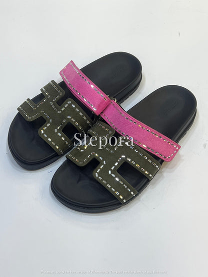 Women’s Embellished Double Strap Flat Sandals with Contrast Design