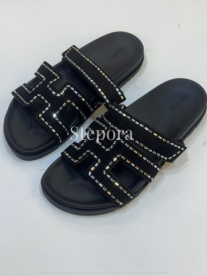 Women’s Embellished Double Strap Flat Sandals with Contrast Design