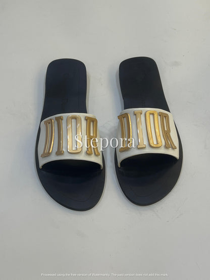Women’s Metallic Letter Detail Slide Flat Sandals