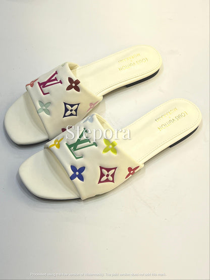 Cross-Strap Canvas Flat Sandals – Bold Typography Summer Slides in Black and Cream