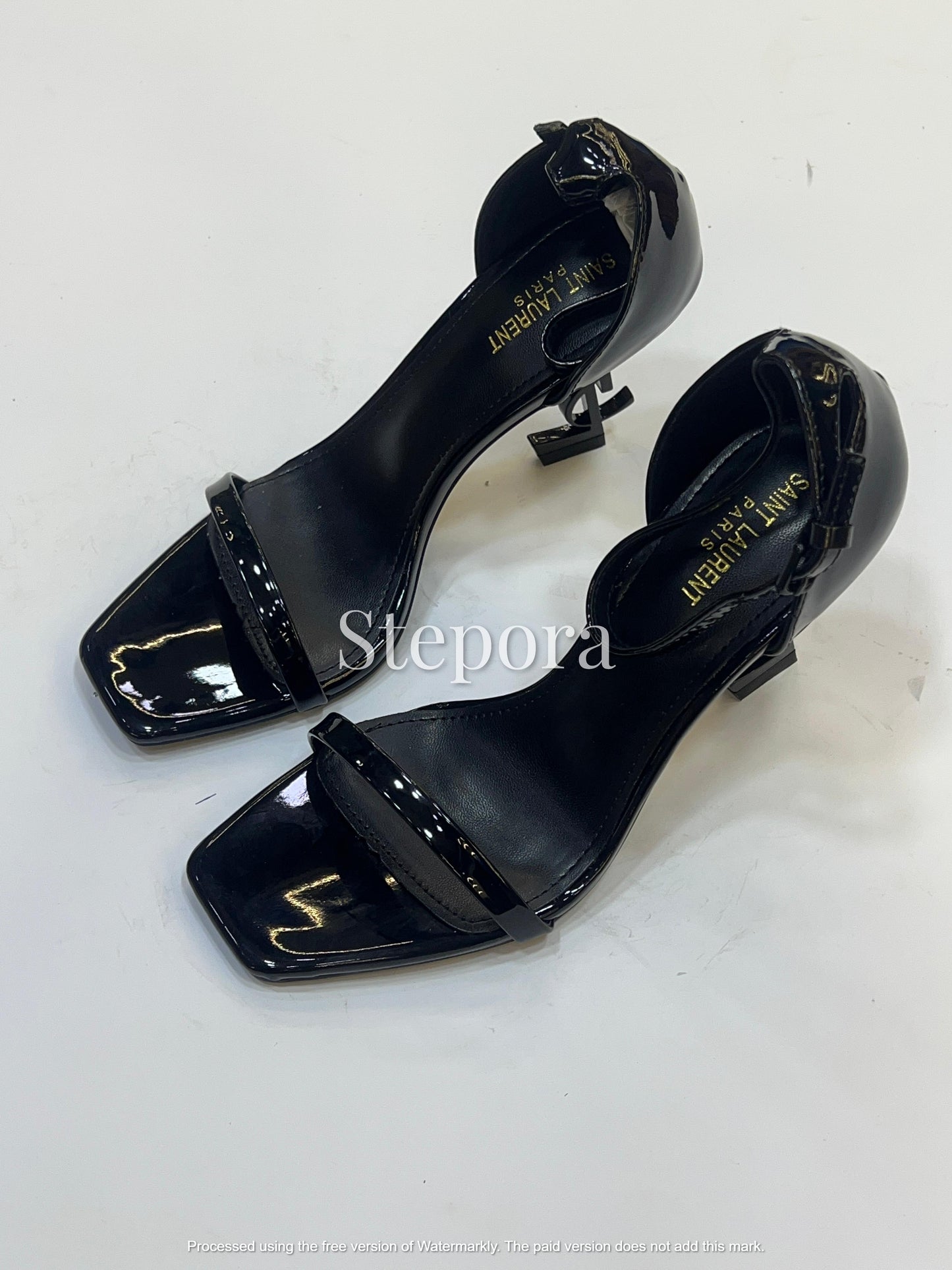 Sculptural Monogram Metallic Heel Sandals – Glossy Patent Pointed-Toe Stiletto Heels