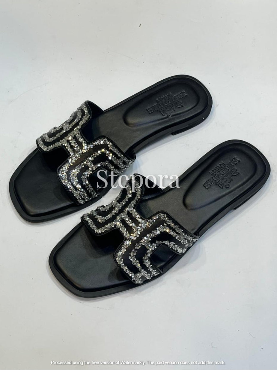 3D Stone-Encrusted Monogram Leather Flat Slides