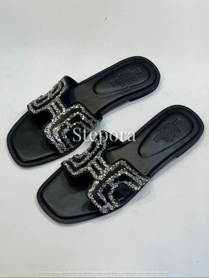 3D Stone-Encrusted Monogram Leather Flat Slides
