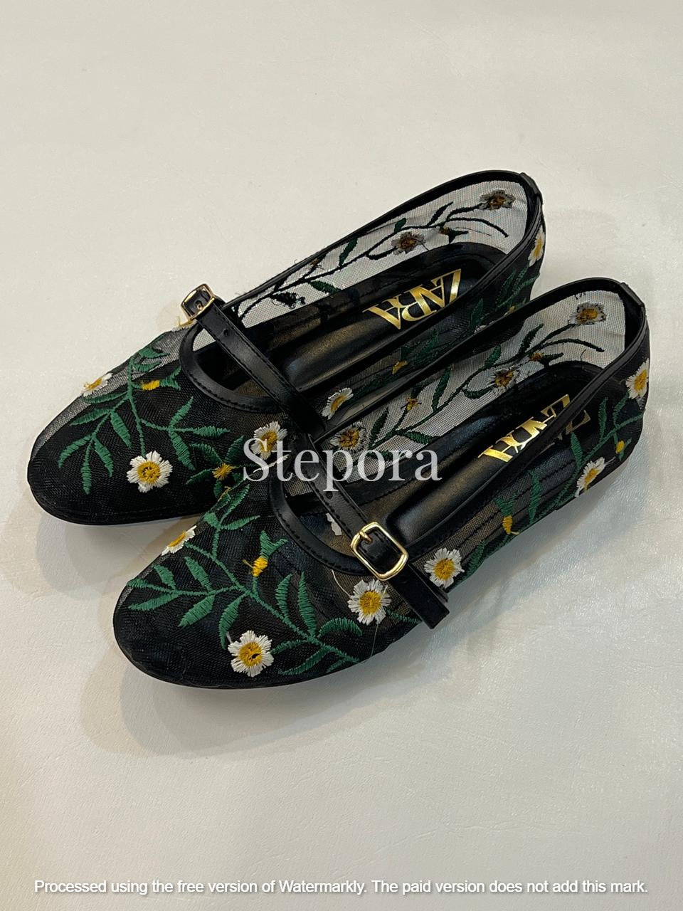 Women’s Floral Embroidered Mesh Mary Jane Flats – Sheer Botanical Ballet Pumps with Adjustable Buckle Strap