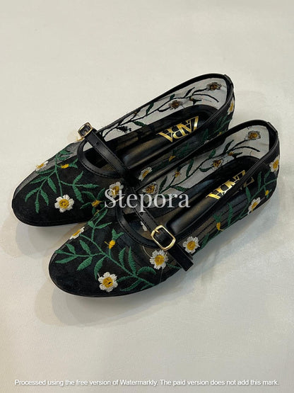 Women’s Floral Embroidered Mesh Mary Jane Flats – Sheer Botanical Ballet Pumps with Adjustable Buckle Strap