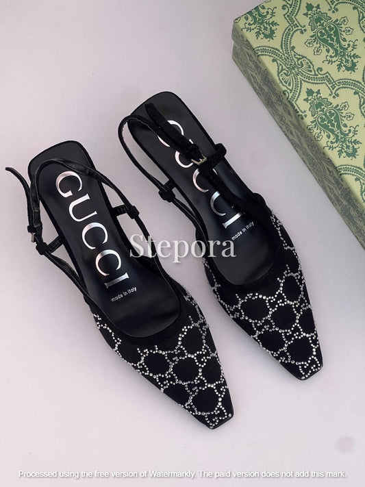 Women’s Pointed Toe Rhinestone Mesh Slingback Pumps – Elegant Crystal Studded Mesh Heeled Sandals with Adjustable Ankle Strap