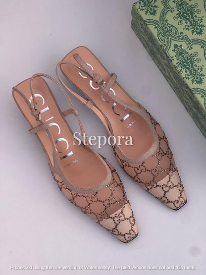 Women’s Pointed Toe Rhinestone Mesh Slingback Pumps – Elegant Crystal Studded Mesh Heeled Sandals with Adjustable Ankle Strap