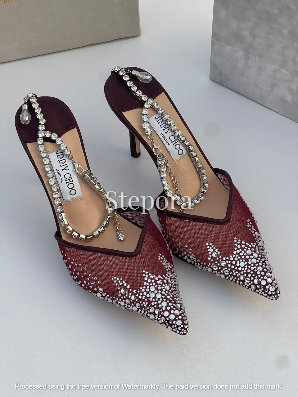 Women’s Pointed Toe Crystal Mesh Stiletto Pumps – Sparkling Rhinestone Evening Heels with Decorative Jewel Ankle Chain