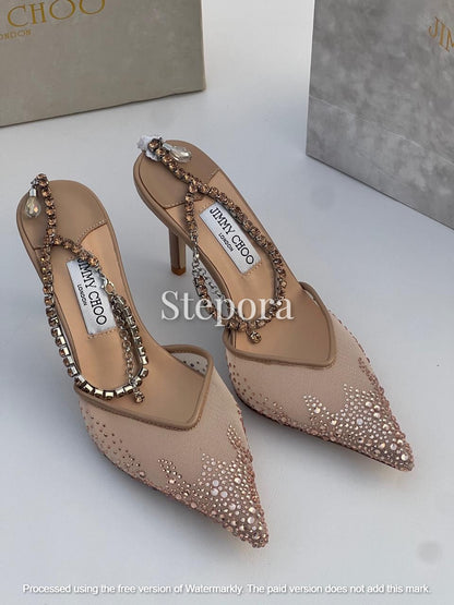 Women’s Pointed Toe Crystal Mesh Stiletto Pumps – Sparkling Rhinestone Evening Heels with Decorative Jewel Ankle Chain