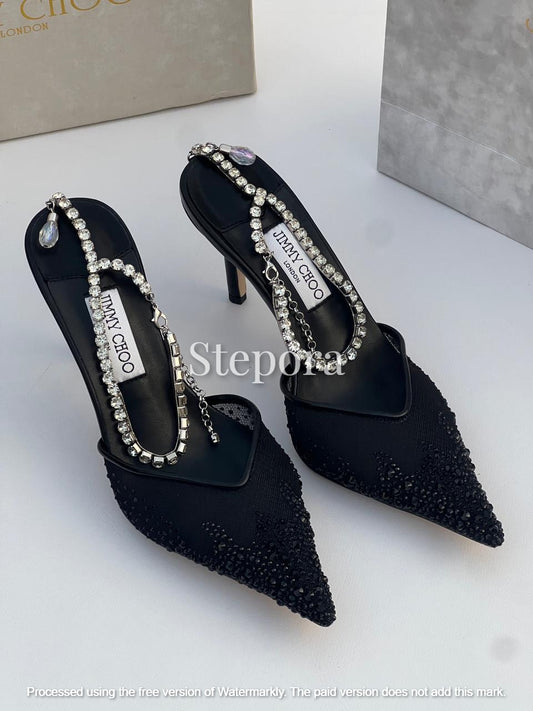 Women’s Pointed Toe Crystal Mesh Stiletto Pumps – Sparkling Rhinestone Evening Heels with Decorative Jewel Ankle Chain