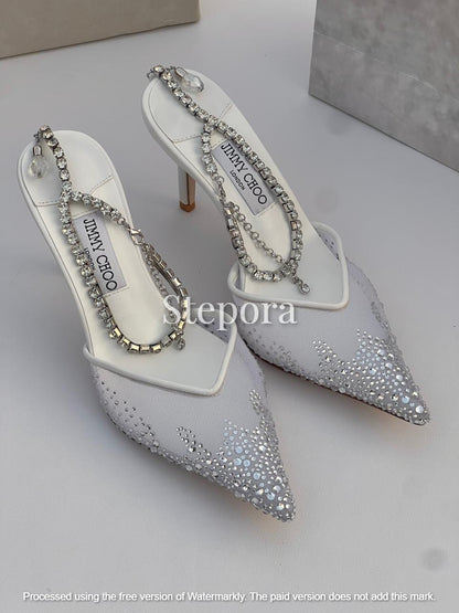 Women’s Pointed Toe Crystal Mesh Stiletto Pumps – Sparkling Rhinestone Evening Heels with Decorative Jewel Ankle Chain