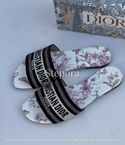 Embroidered Floral Canvas Slide Sandals - Luxury Summer Flats