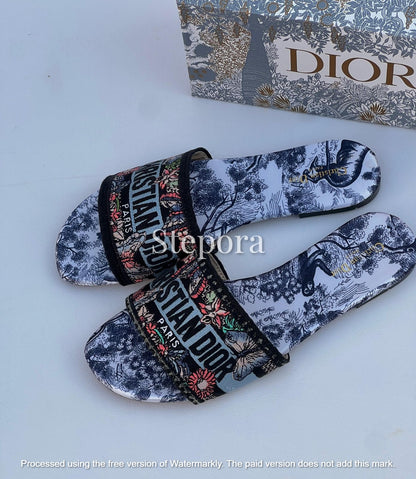 Embroidered Floral Canvas Slide Sandals - Luxury Summer Flats
