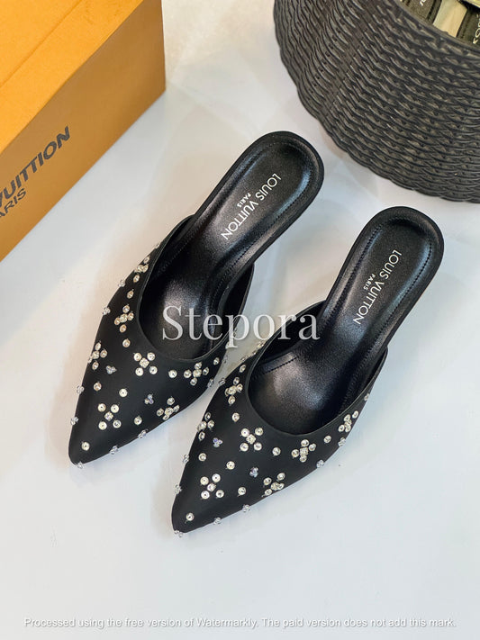 Embellished Pointed Toe Kitten Heel Mules - Elegant Evening Slip-On Heels