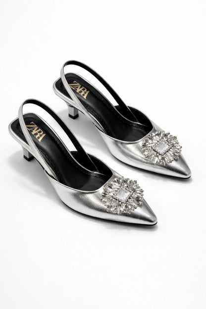 Metallic Jeweled Slingback Kitten Heels