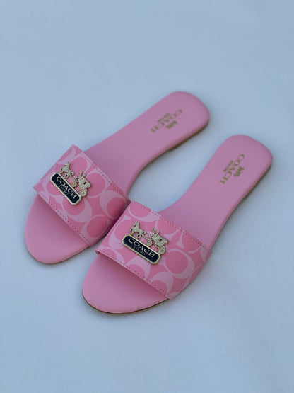 Chic Pink Monogrammed Canvas Slides with Gold Carriage Emblem