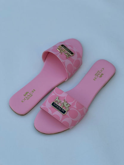 Chic Pink Monogrammed Canvas Slides with Gold Carriage Emblem
