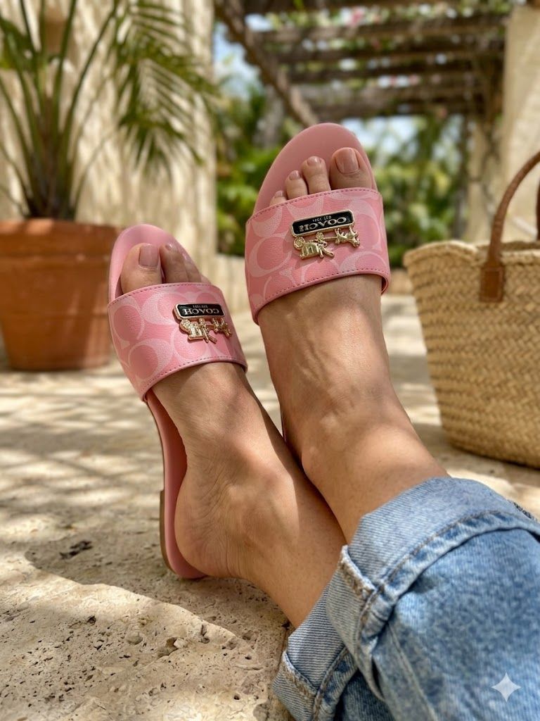 Chic Pink Monogrammed Canvas Slides with Gold Carriage Emblem