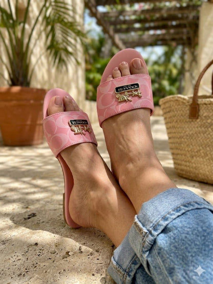 Chic Pink Monogrammed Canvas Slides with Gold Carriage Emblem