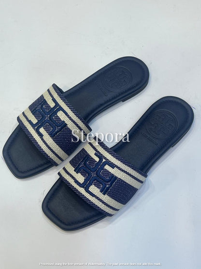 Women’s Striped Woven Canvas Slides – Chic Square Toe Summer Flats in Navy & Tan