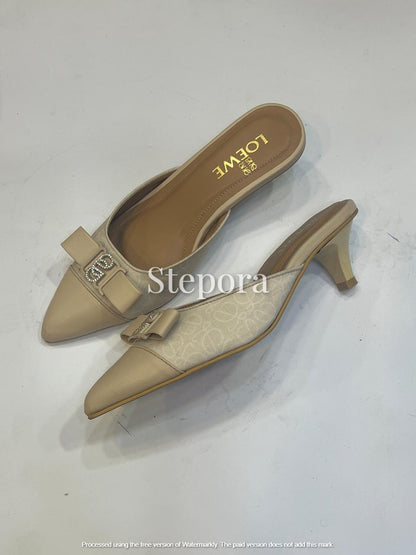 Women’s Pointed Toe Heeled Mules with Bow Detail and Printed Upper