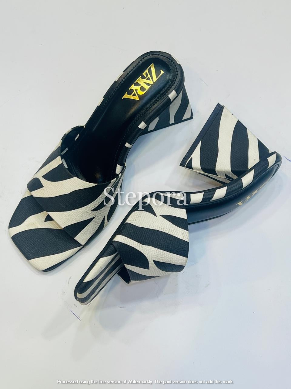 Women’s Zebra Print Wedge Heel Mules with Square Toe