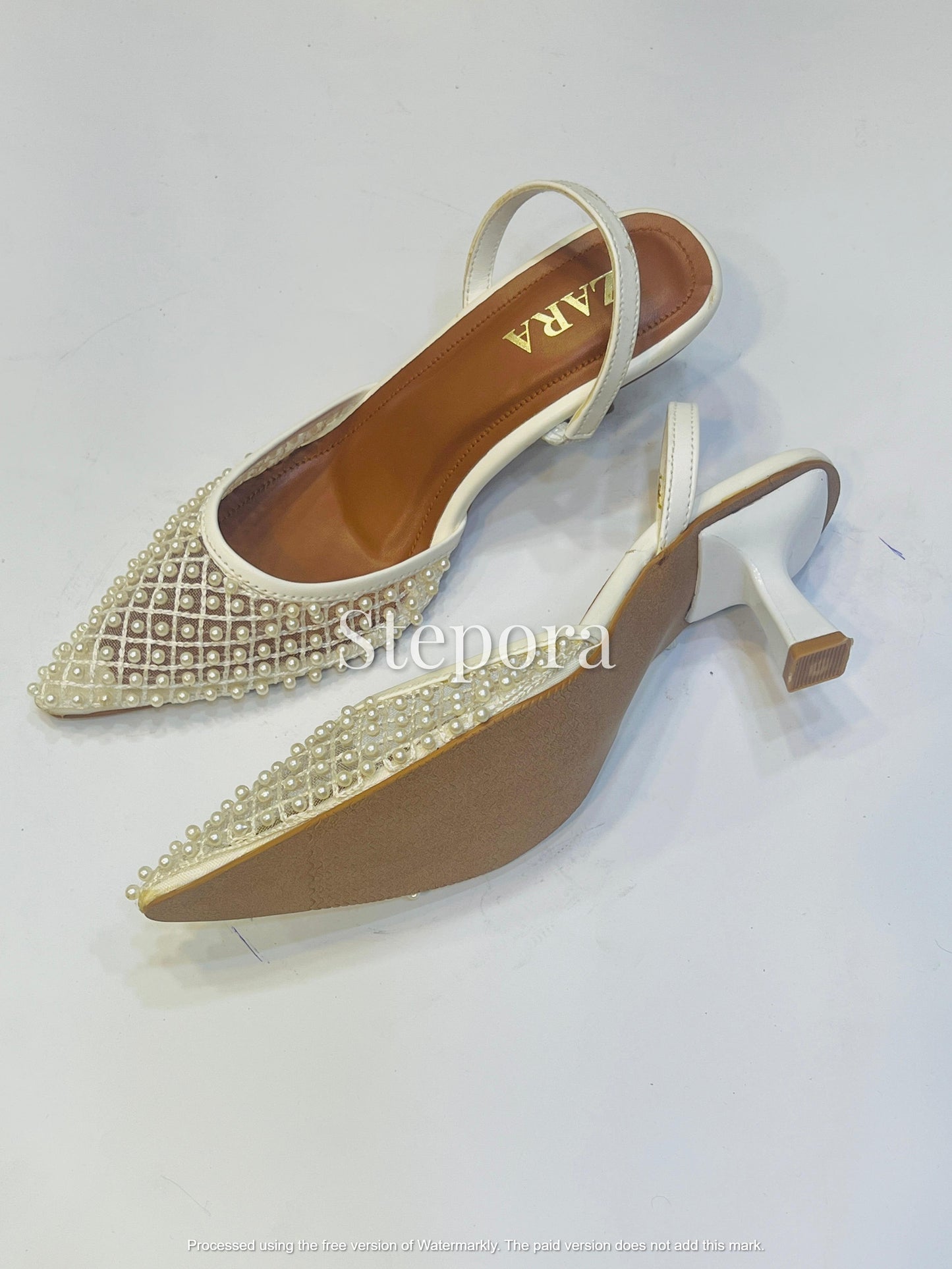 Pearl Embellished Mesh Slingback Pumps - Pointed Toe Low Heel Evening Shoes in Ivory and Black