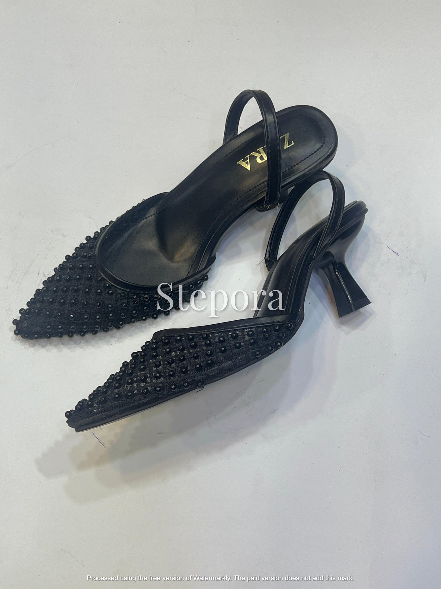 Pearl Embellished Mesh Slingback Pumps - Pointed Toe Low Heel Evening Shoes in Ivory and Black