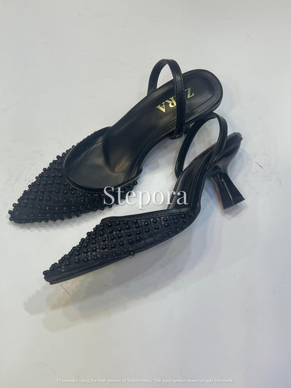 Pearl Embellished Mesh Slingback Pumps - Pointed Toe Low Heel Evening Shoes in Ivory and Black