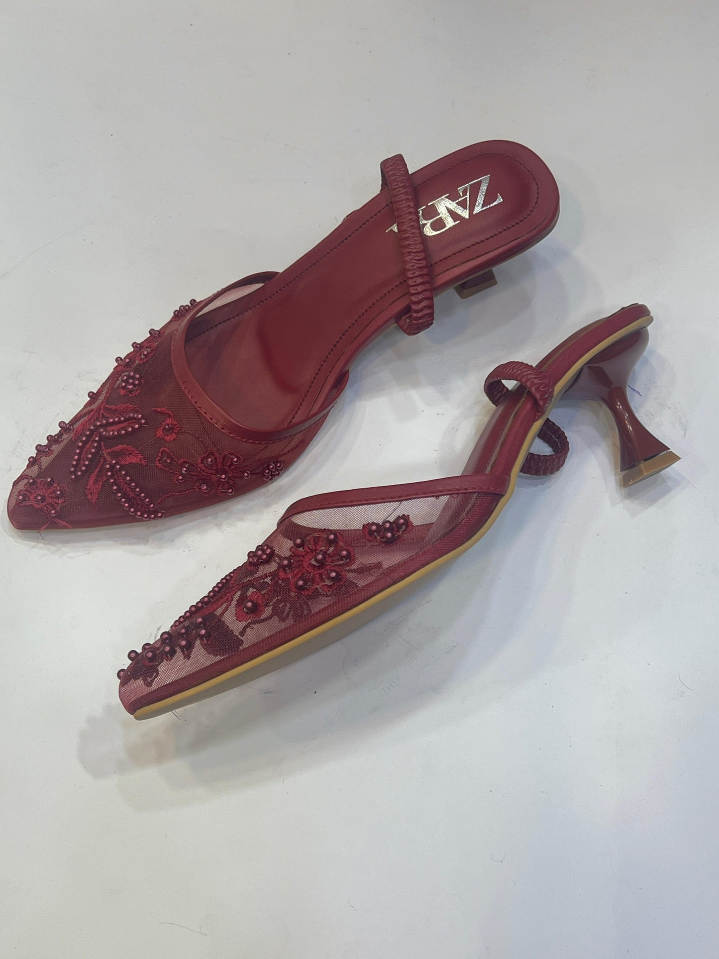 Elegant Pearl Embellished & Floral Embroidery Mesh Slingback Pumps - Pointed Toe Low Heel Evening Shoes