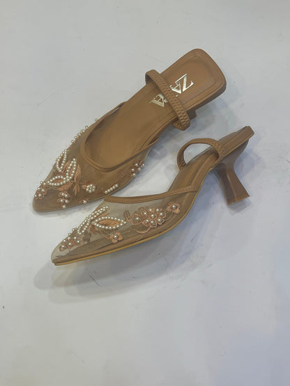 Elegant Pearl Embellished & Floral Embroidery Mesh Slingback Pumps - Pointed Toe Low Heel Evening Shoes